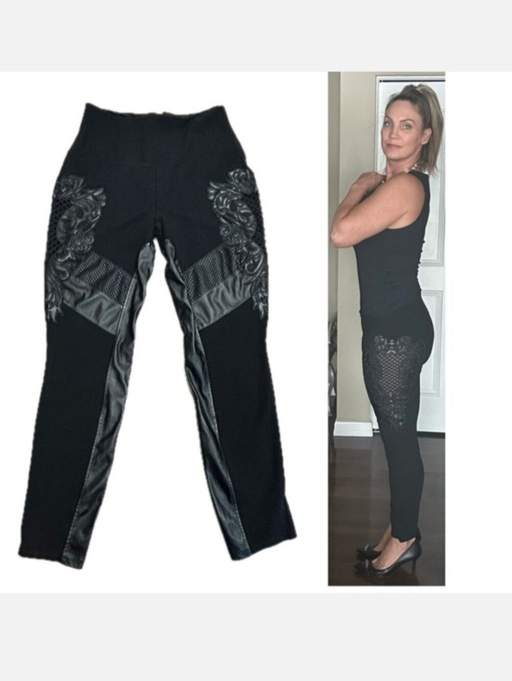 BEBE black faux leather mesh cut-out design high-rise legging pants Sz M RARE!